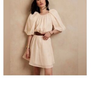 Banana Republic Ivory Puff-Sleeve Open Back Linen Mini with Tie Dress S